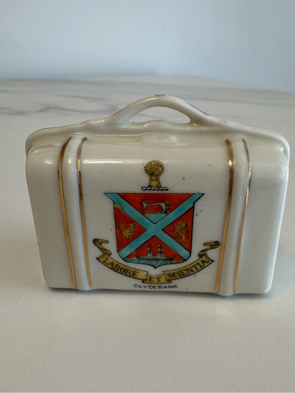 Antique Atlas China Porcelain Miniature Luggage w/Town Crest Clydebank Scotland